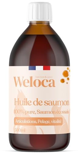 Huile de Saumon pour Chien et Chat | Marque française | Saumon Premium écossais | Riche en oméga 3 6 9 | 100% Naturel | Pressée à Froid et Pure | Complément Alimentaire Chien | 500 ML