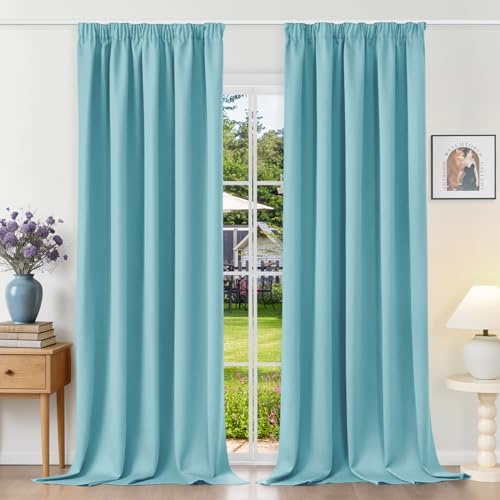 Runyéla Gardinen mit Kräuselband Vorhänge Blickdicht Himmelblau Verdunkelungsvorhänge 2er Set 245 x 140 (HxB) für Schienensystem, Thermovorhänge Kälteschutz Schiebegardinen für Wohnzimmer Curtain