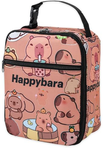 Qubitly Capybara Lunch Bag for Kids, Kids Lunch Box, Reusable Insulated Lunchbag with Bottle Holder, Cute Thermal Cooler Bag Capybara Gifts for Work School Picnic Travel Beach