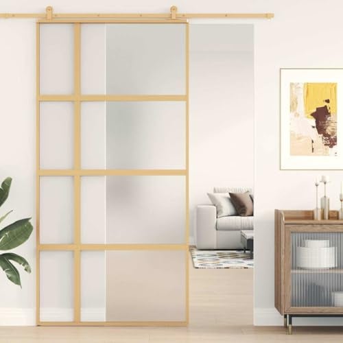 Mokuyary Porte coulissante dorée en verre ESG givré et aluminium Porte coulissante en verre pour salle de bain, salon, cuisine Doré givré