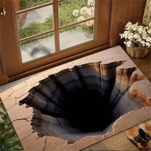 flowereyes 3D Teppich Optische Täuschung Loch Schwarz-Weiß-Muster, 3D Fußmatte Lustig Loch Im Boden Wasserfest für Garten & Terrasse