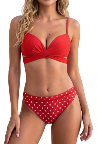 CUPSHE Women's Bikini Set Push Up Wrap Front Bikini Ruched Two Piece Swimwear Bathing Suits Red/Polka Dot S