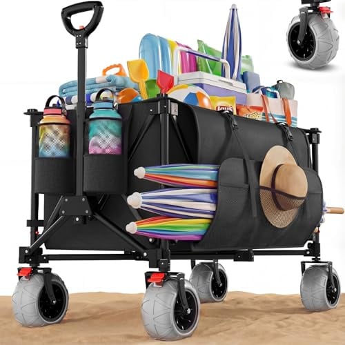 TRIUMPHKEY Bollerwagen Faltbar 200L 150KG, mit 21.5x10cm PU Strandrad, Verstellbarem Griff, 90°-Drehung, Faltbarer Bollerwagen Geländetauglich mit Bremsen All Terrain Bollerwagen, Schwarz