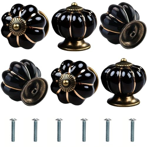 Bikasun 6 Pcs Pumpkin Furniture Knobs Black, Vintage Ceramic knobs | Cabinet knobs with Screws, Drawer Knobs for Wardrobe, Home Decoration, Cabinet Chest of Drawers