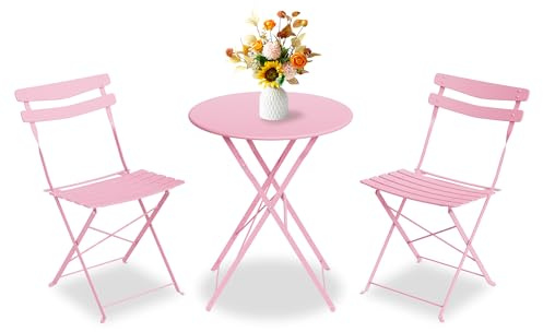 Bistroset 3-Teilig Mit Bistrotisch&2 Klappbaren Stühlen, Gartenmöbel Set Outdoor Bistro Set, Gartentisch/Balkonset Aus Klapptisch&2X Klappstühlen, Gartenset/Sitzgruppe Metall Für Balkon, Garten-Rosa