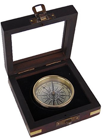 muschel-sammler-shop Kompass mit Schiffs-Windrose, Messing, Ø: 5,5cm, in Holzbox mit Glasdeckel, 8x8x2,8cm