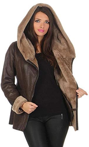 Hollert Damen Lammfelljacke Lena Winterjacke aus Merino Schaffell Echtleder mit Kapuze Größe L, Farbe Braun