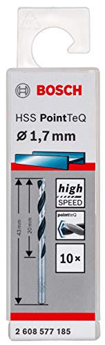 Bosch Professional 2608577185 HSS PointTeQ (1,7 x 20 x 43 mm) - Set da 10 Pezzi di Punte Elicoidali per Trapano per Metallo, Acciaio, Fusione o Plastica, Grigio (Argento), Ø 1.7 mm