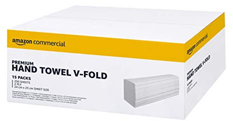 AmazonCommercial Toallas Papel Secamanos Plegado V, 2 Capas Destintado, 3750 Hojas (15 paquetes de 250), Tamaño de la Hoja: 24 x 23 cm, Compatible con Dispensador H3
