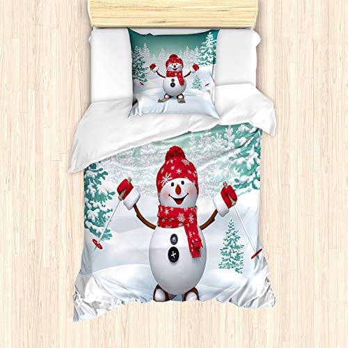 ABAKUHAUS Weihnachten Bettbezug Set für Einzelbetten, Skifahren-Schneemann-Bäume, Milbensicher Allergiker geeignet mit Kissenbezug,Teal Rot Weiß