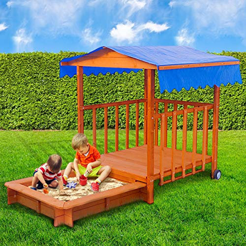 BRAST Bac à Sable avec Couvercle en Bois, bac à Sable Extensible d’Une Aire de Jeu avec Une Grande Véranda de 110x110x120cm, Un Toit imperméable, protégé des Animaux, du Bois résistant à l'humidité…