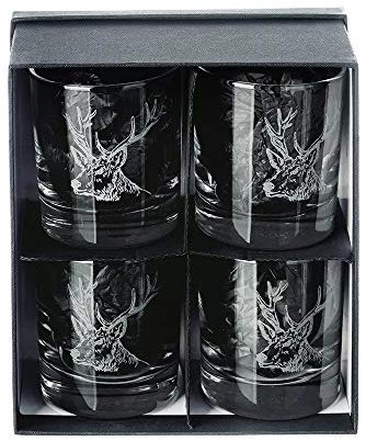 The Just Slate Company JS/GT/S4/S Trinkglas mit Hirsch-Motiv, graviert, 4 Stück