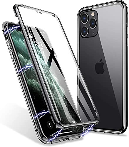 Case for iPhone 11 Pro Max 360° Magnetic Cover,Transparent Double Sided Tempered Glass with Shockproof Metal Bumper[Built-in Magnet] One-piece Design Full Body Protective Flip Case [Black]