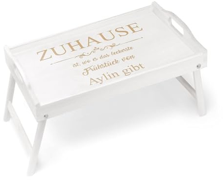 Maverton Frühstückstablett mit Gravur, Betttisch mit Griffen klappbar, Weiß | Klappbare Beine, erhöhter Rand, Weiß, Geburtstagsgeschenk für Frauen, Einzugsgeschenke, Leckeres