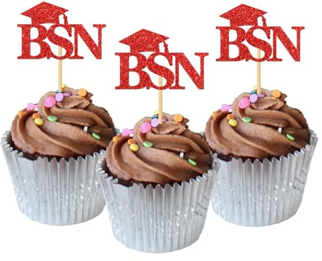 24 Pcs BSN Cupcake Toppers / Nurse Grad Cupcake Decor / Nursing / Medical RN Themed Cupcake Toppers / Nurse School Graduation Party Cupcake Decorations / Red Glitter