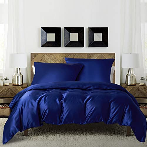 Luofanfei Bettwäsche Blau 135x200 Glänzend Satin Einfarbig Marineblau Bettbezug Set Seide Glatt Luxus Bettwäsche Set Glanzsatin Polyester Einzelbett mit Reissverschluss und Kissenbezug 80x80 cm