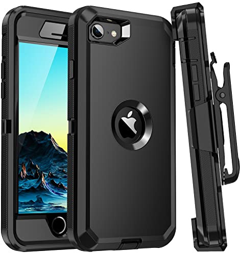 Mieziba for iPhone SE 2022/2020 Case,[Built in Screen Protector] Heavy Duty 3 Layers Full Body Protection Rugged Durable Cover Case with Belt Clip Holster for iPhone SE(3rd/2nd Gen) 4.7,All Black
