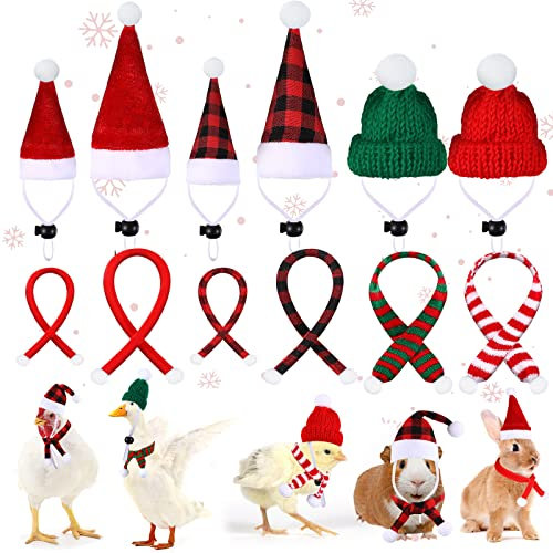 12 Stück KleintierWeihnachtskostüm Weihnachtsmütze Schal Xmas Meerschweinchen Kleidung PET Verstellbar Warm Streifen Strickschal Gitter Meerschweinchen Mütze für Chinchilla Kaninchen Hamster Igel
