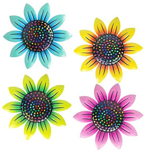 SUNNEKO 4PCS Metal Flower Garden Ornaments Outdoor, Garden Ornaments Metal Wall Art Deco Hanging Wall Art Decoration Indoor Outdoor fence Yard Shed Fences
