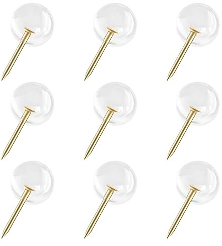 VAPKER Goldfarbene Kartennägel, große Reißzwecken, 9,5 mm, runder Kopf, goldene Stahlspitze mit transparentem Kunststoff, Rundkopf, Kartennägel für Bilder, Poster, Dokumente, 150 Stück