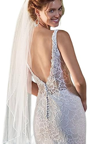GAODESI Hochzeitsschleier, Perlen und Kristalle, Perlenrand, 1 Etage, Fingerspitzenlänge, Brautschleier, 89 cm (35 Zoll), Weiß, Fingertip length