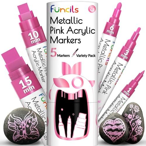 5 Acrylic Metallic Pink Paint Pen - Extra Fine Tip, Thin & Jumbo (1mm, 3mm, 6mm, 10mm, 15mm) - Pink Paint Markers for Metal, Rocks, Plastic, Canvas, Wood, Fabric, Tire, Glass. Pink Permanent Marker
