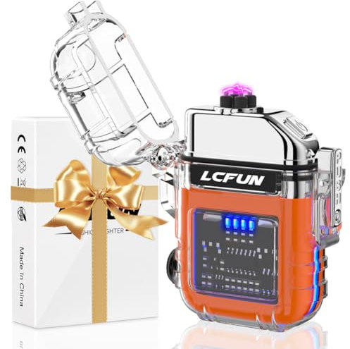 LcFun Feuerzeug Elektrisch, Lichtbogen Feuerzeuge USB Aufladbar, Elektrisches Feuerzeug mit Batterieanzeige & Taschenlampe, Wasserdicht Winddicht Feuerzeuge für Wandern, Camping, Survival Kit