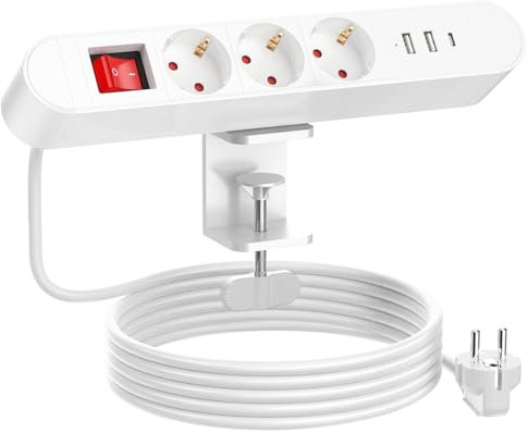Enchufe de Mesa con USB C PD 20W, Regleta Enchufes 3 Enchufes con Interruptor, Regleta de Escritorio con USB-C PD20W, Enchufe Múltiple con Cable de 2 m, Enchufe de Mesa para Casa Oficina, 16A/4000W