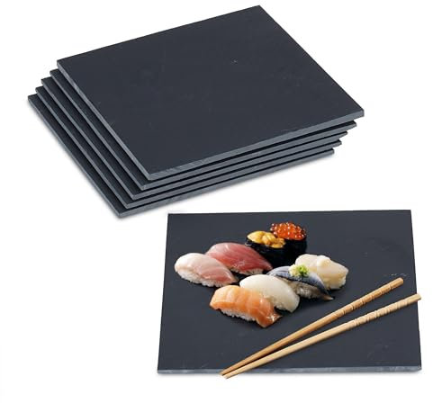 Relaxdays Set di 6 Piatti da Portata in Ardesia, Set da 6 Vassoi Quadrati 25x25 cm, Servire Sushi, Salumi e Formaggi, Nero