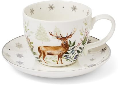 Cooksmart British Designed Christmas Cup and Saucer Set | Tea Cups and Saucers for Christmas Time | Tea Cup Set Perfect for Gifts - Winter Stag