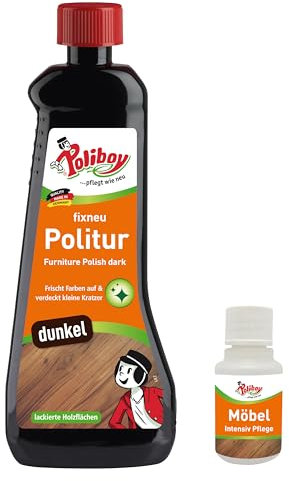 POLIBOY fixneu Politur dunkel - Möbelpolitur für dunkle lackierte Hölzer - farbauffrischende Holzpolitur - 500ml - Mit Produkt-Probe - Made in Germany