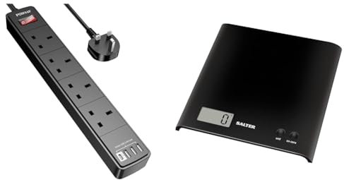 Extension Lead with 4 USB Slots (3.4A, 1 Type C and 3 USB-A Ports),POWSAF Power Strip Extension cord & Salter 1066 BKDR15 Arc Kitchen Scale – Digital Food Weighing Scales For Precise Cooking/Baking
