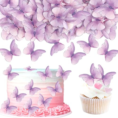 Blumomon 48 Stück Essbare Schmetterling Kuchen Topper Dekorationen Violett Schmetterlinge Cupcake Toppers Hochzeit Geburtstag Party Cupcake Dekoration Ornamente Geburtstagstorte Topper