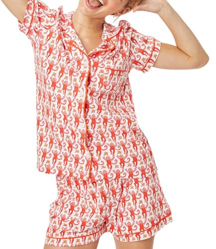 LLECDASEUI Y2k-Pyjama-Set für Damen, 2-teilig, Button-Down-Affen-Shorts-Set, Roller Dupes Rabbit Preppy Loungewear-Pjs (Rot,XL)
