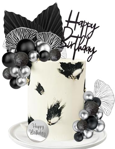 Silver Black Balls Cake Toppers Happy Birthday Cake Decorations for Wedding Baby Shower Birthday Party Decorations (Silver Black)