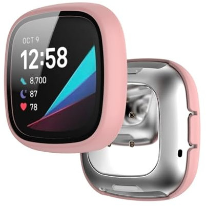 Hülle mit Displayschutz Kompatibel mit Fitbit Versa 3/Sense, Gehärtetes Glas Ultradünne PC Rundum Hart Schutzhülle für Fitbit Versa 3/Sense (Rosa)
