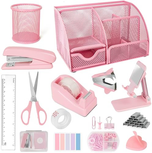 Desk Organizers and Accessories, Office Supplies 15PS Set with Stapler, Staple Remover, Pen Holder, Clips Set, Tape Dispenser, Tape, Phone Holder, 1000 Staples, Ruler, Scissors (Pink)