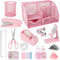 Pink Desk Organizer and Accessories, Pink Gifts Office Supplies Mesh Desk Organizer, Tape Dispenser, Hefter, Tape, Phone Holder, 1000 Staples, Staple Remover, Pen Holder, Clips Set, Ruler, Scissors