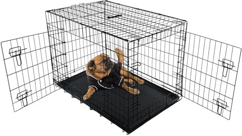 24 Small Dog Crate - Heavy Duty Foldable Dog Cage with Double-Door, Removable Plastic Tray, Rmovable Handle Pet Metal Training Cage for Indoor Outdoor