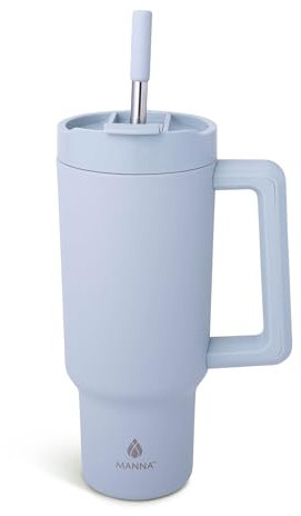 Manna Stainless Steel Double Wall Insulated Tumbler with Smart Seal Dual Sip Lid and Straw Fit Handle - 40 Oz - Ocean Mist Powder Coat