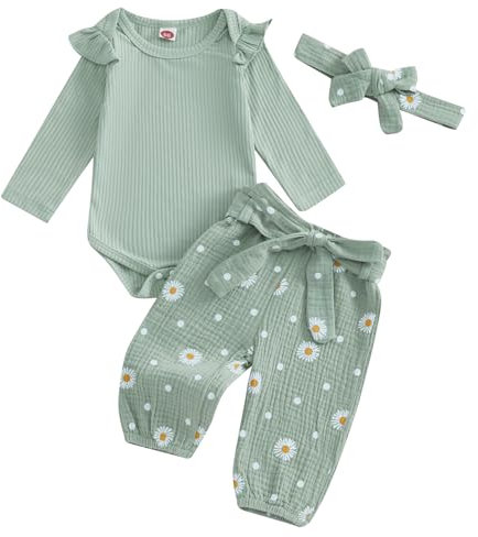 ESSECMBS 3Pz Completo Neonata Invernale Pagliaccetto Manica Lunga Neonata Tuta Bimba Bodysuit Elegante Neonata Stampa Floreale+Pantaloni con Cintura+Fascia (Verde, 0-3 Months)