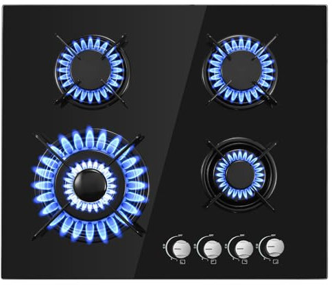 Gas Hob 4 Burners, TopStrong 60cm Gas Hob with Wok Burner, Built-in Gas Hob Cooker with Thermocouple Protection, Black Glass Plug in Gas Hob Cooktop, NG/LPG, 8060W (3400W+1880W+1880 W+900 W)