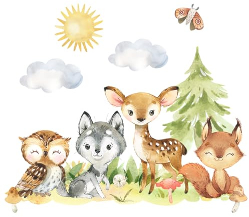 Wally Fox Wandtattoo Kinderzimmer Kinderzimmer Deko Wandtattoo Kinderzimmer Mädchen und Junge Wanddeko Wandaufkleber für Baby Waldtiere, Wald, Rotwild, Weide, Eule, Eichhörnchen L