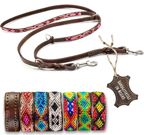 ALTEZAR Handgemachte Hundeleine Leder – Handgefertigt für kleine Hunde Robuste Fettlederleine mit bunten Stickereien Verstellbare Lederleine für Hund – dünne Leder-Leine Pink für kleine Hunde