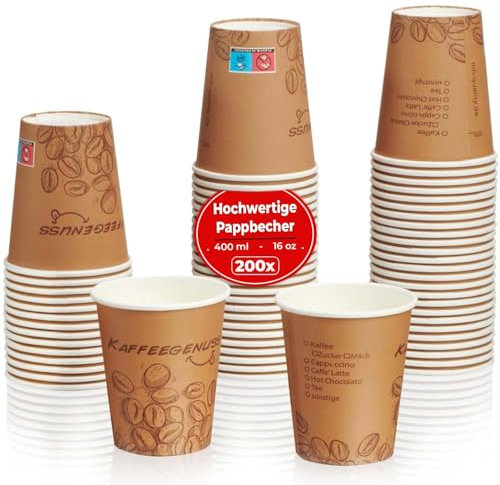 MH QUALITY Kaffeebecher To Go 400ml / 16 Oz - 200 Stück Premium Einweg Pappbecher Ohne Deckel für Kaffee | Hochwertige Coffee To Go Becher
