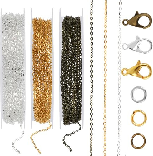 Jewelry Making Chains, 3 Rolls Stainless Chains for Jewelry Making Metal Link Rolls Bulk with 30 Lobster Clasps and 60 Jump Rings for DIY Necklace Bracelet Anklet