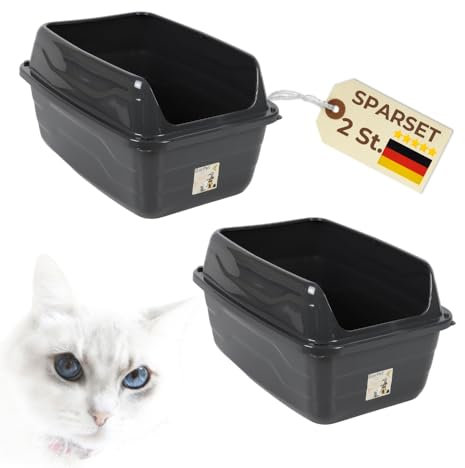 2er Set Katzentoiletten mit hohem Rand Schwarz Katzentoilette XXL Katzenklo offen hoher Rand Katzenklo ohne Deckel Extra Hoch 56x40x30 cm Anthrazit