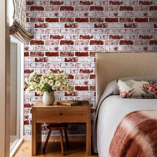 COMSTICKC 3D Brick Wall Panels Self Adhesive Wallpaper, Red Whitewash | Faux Brick Wall Panels Peel and Stick, 10 Pcs 12X12, 3D PVC Brick Interior Wall Decor, Paintable