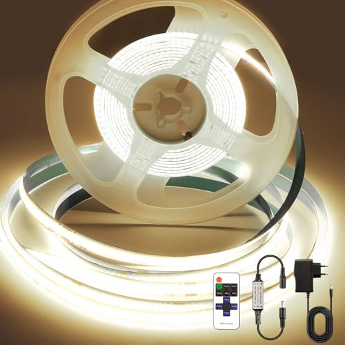 PSTAR Tira LED COB 3 m, 4000K Luce Led Blanca Natural, 320LED/M Flexible Cortable, Ancho 8mm, con Control Remoto y Fuente de Alimentación, para Decoración del Hogar, Cocina, Espejo