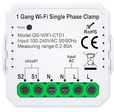 Tuya WiFi Smart Power Meter 1CH 80A - Energy Consumption & Solar PV Production Monitor, Current Transformer Clamp, Real-Time Power Tracking